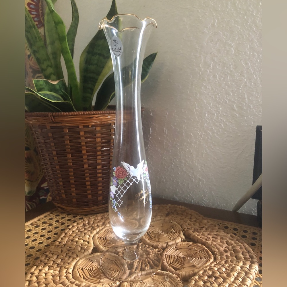 Rare Clear Hand Painted Fenton 50th Anniversary Bud Vase w/Ruffles & Gold Edging - Picture 2 of 16